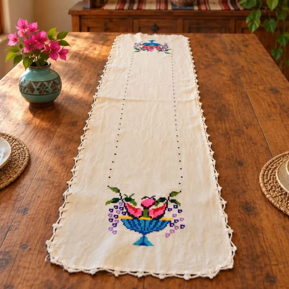 Vintage Mexican Embroidered Table Runner Folk Art Floral Crochet 53x14